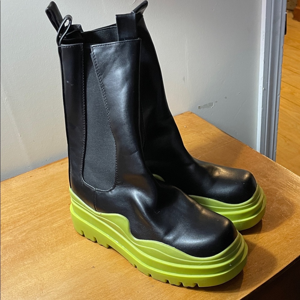 EGO Black and Neon Green Combat Boots. UK7/9